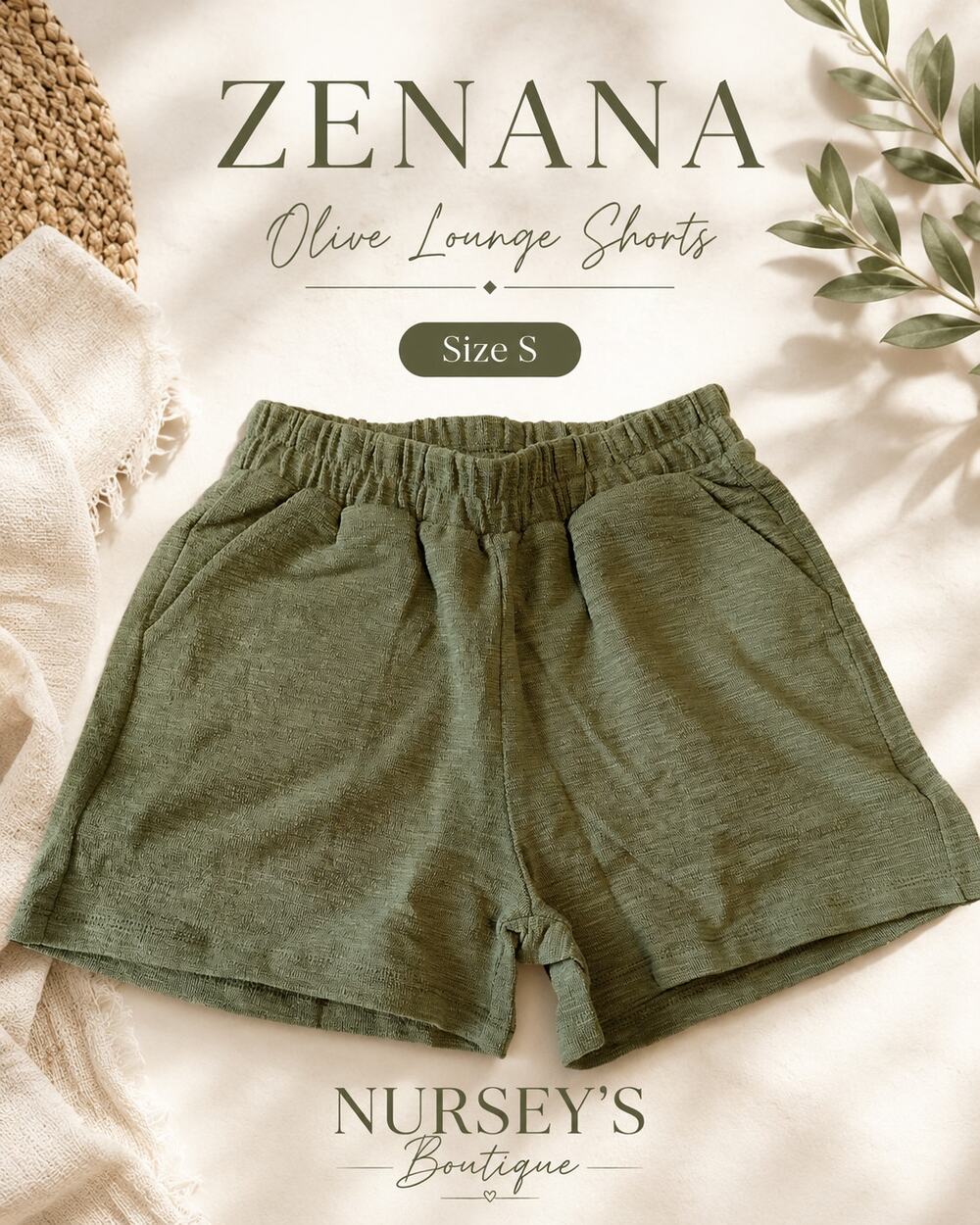 Zenana Olive Textured Lounge Shorts Size S Elastic Waist Pockets NIB